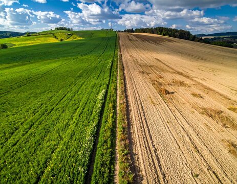 The image contrasts a barren, dry landscape on one side with a lush, green field on the other, highlighting the impact of climate and land management.