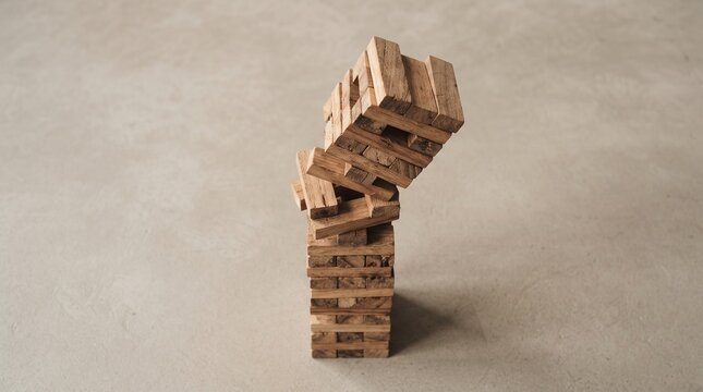 Precarious Wooden Block Tower with Large Gaps and Shifted Layers Appearing Ready to Collapse Viewed from Directly Above