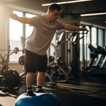 Man with Down syndrome doing balance exercise on bosu ball in gym. Active lifestyle and physical training for health. Fitness motivation and inclusive sports activity in modern center.