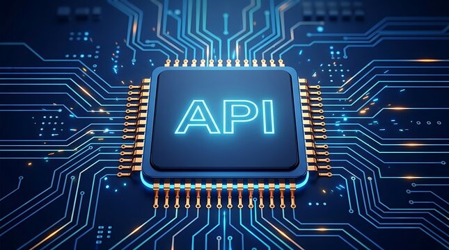 API microprocessor chip on glowing digital circuit board representing application programming interface technology