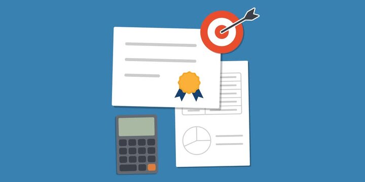 Achievement certificate, target symbol, calculator, planning worksheet, ribbon and checkmark badge. Goal achievement concept scene. Financial success and goal completion process. 
