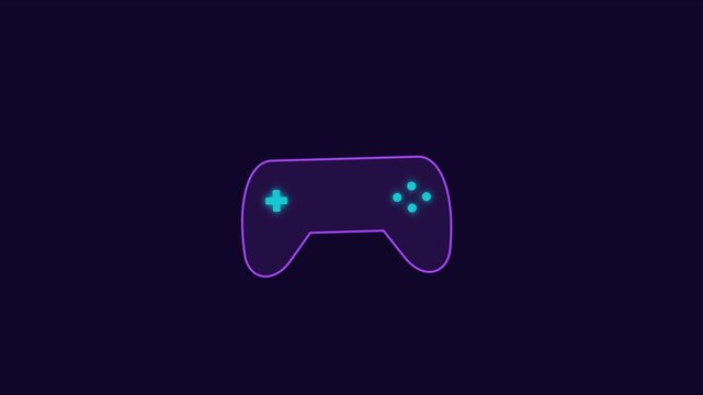 Neon gaming controller animation: glowing purple and cyan digital gamepad for esports, streaming, and tech 4k