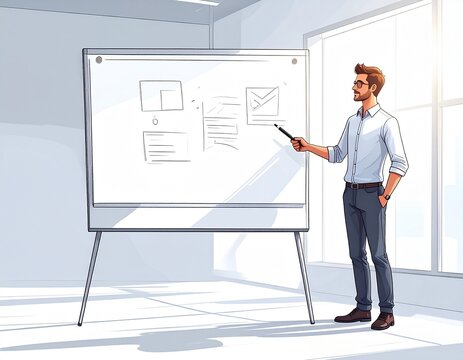 Basic drawing of an entrepreneur presenting a product idea, [Innovation], [Pitching Strategy], No logo, No Trademark, No text, minimal concept with copy space for stock photo
