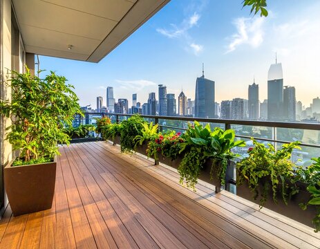 A modern balcony with wooden flooring features lush greenery in planters and city skyline views, creating a serene outdoor space.