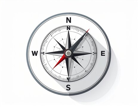 Compass pointing direction, clean lines, minimal flat design illustration on white background, copy space for stock photo with minimal concept, No logo, No Trademark, No text