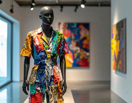 Mannequin with artistic clothing made from recycled materials, showcasing creativity and sustainable fashion in an innovative design approach