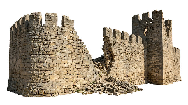 Ruined Ancient Stone Castle Fortress Walls Isolated on a Plain White Background