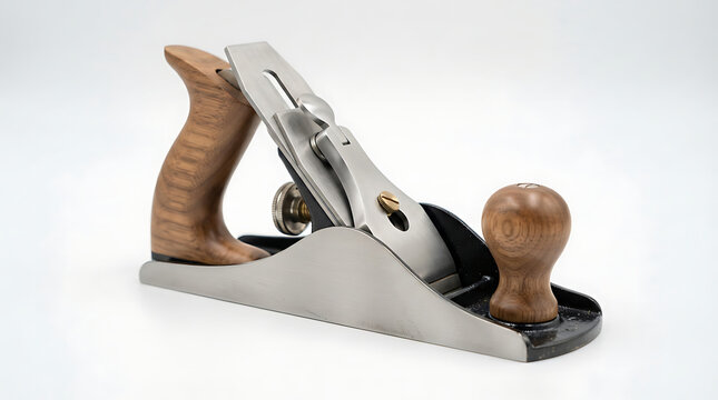 Woodworking hand plane sits isolated on a white surface for carpentry projects.