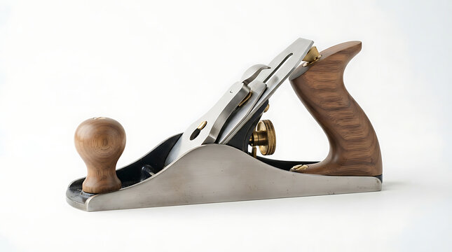 Wood plane sits on a white surface to highlight precision craftsmanship and manual carpentry.