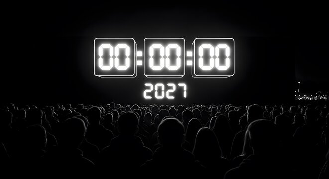 Digital clock display showing zero time with the year 2021 written underneath on a dark black background