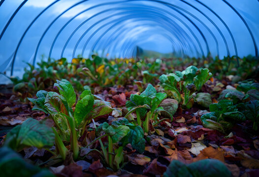 Organic vegetable garden with young green plants growing under a protective blue polytunnel cover in autumn, the ground is covered with fallen autumn leaves, indicating seasonal cultivation