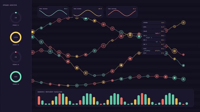 Complex sentiment analysis user interface showing dynamic motion graphic lines and glowing circular progress rings during a real time data processing and monitoring sequence cycle