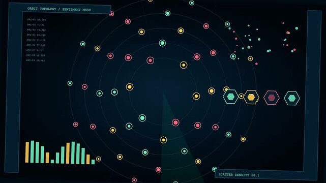 A digital sentiment analysis dashboard displays shifting circular network data patterns across three dark monitor panels while graphical bars fluctuate in a complex glowing interface