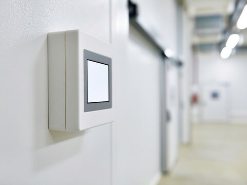 Wall mounted temperature sensor unit in a cold storage room with empty display