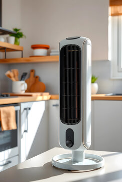 Modern white tower fan on a kitchen counter, home appliance for cooling and air circulation in a domestic setting