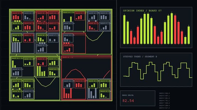 a sentiment analysis interface displays flickering bar graphs and stepped trend lines within a dark digital dashboard with modular window containers flickering in real time