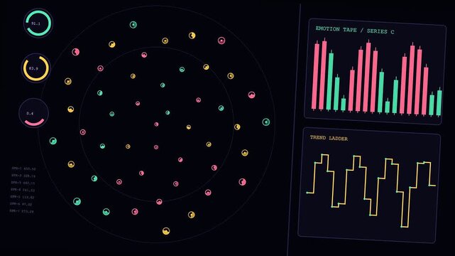 Digital sentiment analysis display showing glowing charts and data scatter points evolving on a dark screen interface as information trends shift across the monitor