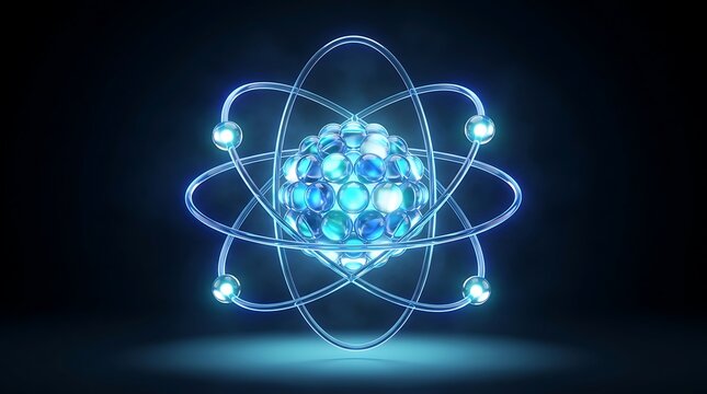 Glowing glass atomic structure with clustered blue spheres nucleus representing molecular physics research