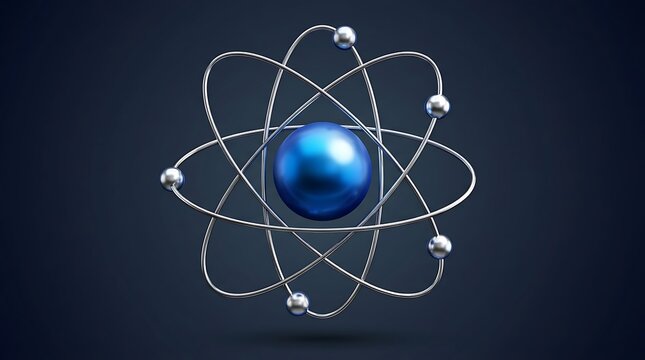 Metallic atomic structure with solid blue nucleus representing chemistry and molecular science research