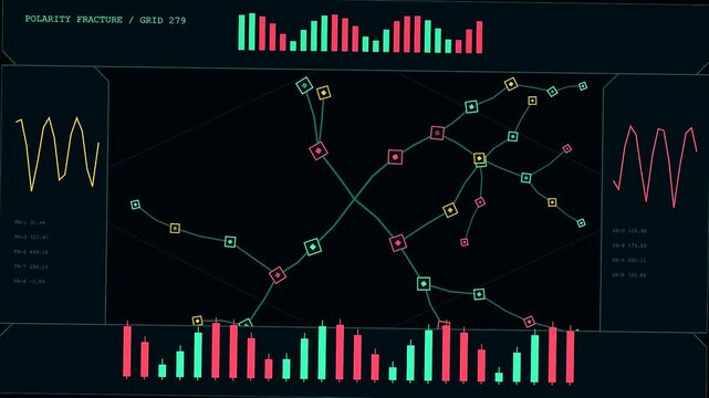 Displaying sentiment analysis patterns with neon grid nodes connecting in sequence across three dark interface frames showing analytical flow charts and fluctuating neon data line graphs
