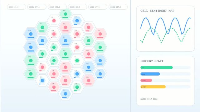 Complex sentiment analysis visualizations are displayed on a digital screen showing shifting hexagonal patterns along with fluctuating waveform charts for monitoring real time data stream metrics