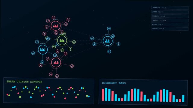 Complex sentiment analysis digital dashboard showing nodes expanding in a dark simulated environment as statistical charts pulse with neon blue and pink geometric light patterns