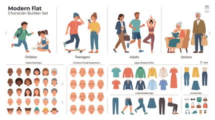 Fototapeta premium Modern flat vector character builder set featuring diverse people avatars expressions clothing and accessories for customized human design