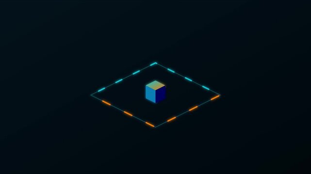 Minimalist 3 d cube with glowing hud interface frame, abstract digital technology motion for data visualization and ui animation 4k