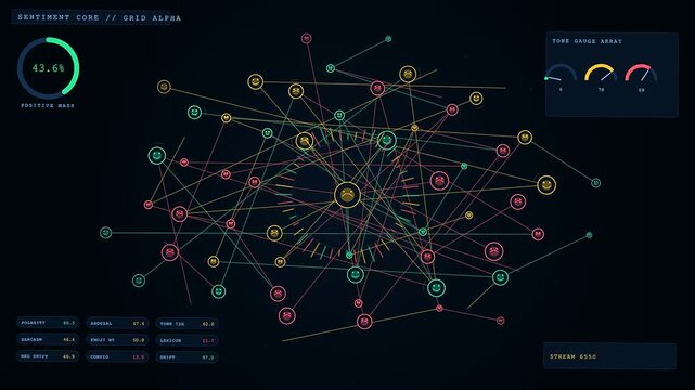 Sophisticated sentiment analysis interface display shows complex data streams and interconnected nodes within a dark digital environment providing real time tracking of abstract user emotion metrics