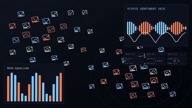 Digital sentiment analysis represented by animated graphs and numerical data arrays displayed on a dark virtual interface to monitor complex statistical patterns within a computer system