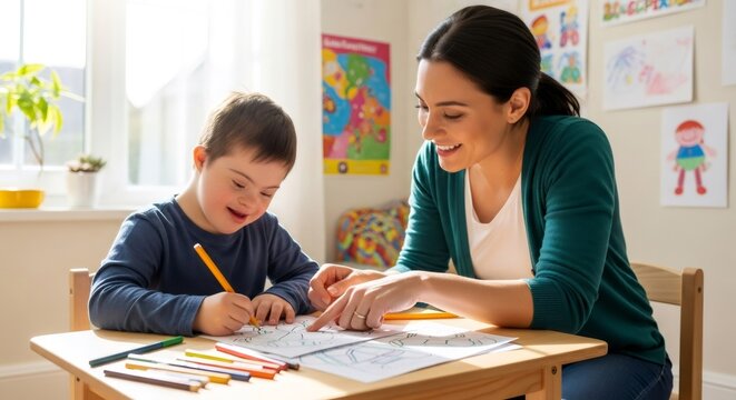 Woman teacher helping boy with down syndrome drawing with colored pencil. Inclusive classroom education and early child development. Support for children with special needs. Learning process.