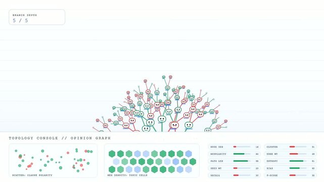 Sentiment analysis algorithm grows into a complex node map with green and red icons spreading across the screen as user data points are visualized for review