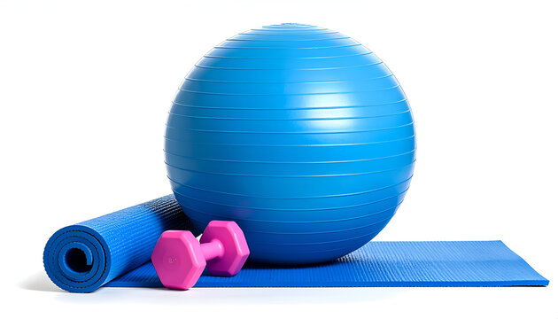 A vibrant setup showcasing exercise essentials, a large blue fitness ball, a rolled mat, and a pink dumbbell. Ideal for workouts