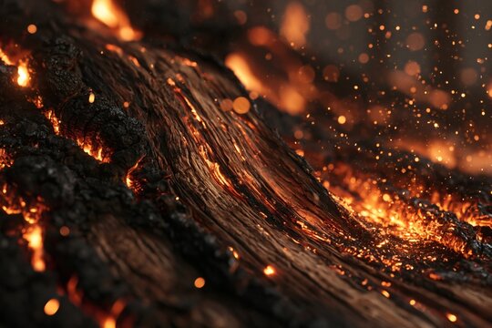 wood friction sparks shown as a scorched oak groove with charred edges and fine ember dust settled in