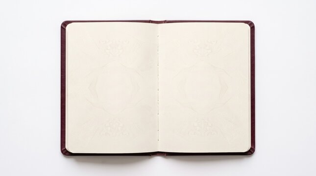Open blank notebook with cream paper and dark leather cover, minimalist journal mockup on white background, empty diary pages for sketching