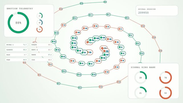 Digital displays showing sentiment analysis tracking in a rhythmic spiral pattern as multiple data points emerge across a clean and soft light gradient interface background