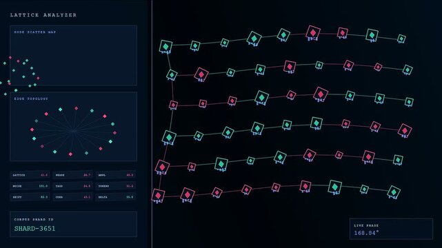 Digital displays showing sentiment analysis patterns as rhythmic shifting grids of glowing geometric shapes and interconnected nodes emerge across multiple dark monitor screens in this laboratory