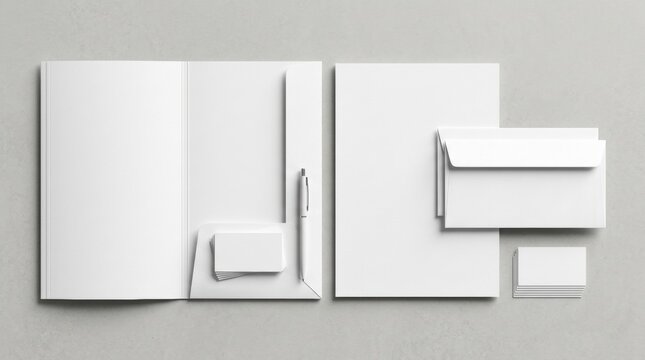 Minimalist corporate stationery mockup set, blank white branding identity collection, professional office paper supplies with folder and business cards