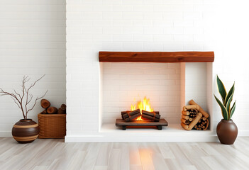 Obraz premium Modern white brick fireplace with burning logs, wooden mantel, and Decorative elements in a cozy living room