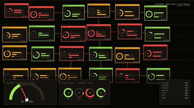 a sentiment analysis dashboard displays complex digital telemetry metrics across a dark grid interface featuring glowing gauges with circular status indicators for monitoring system load and flow