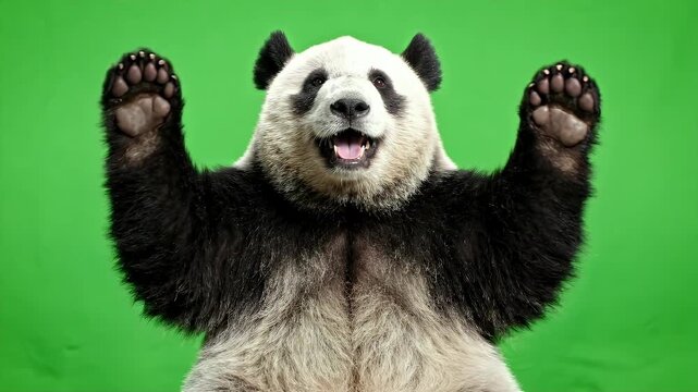 Giant panda bear waving hands on green screen