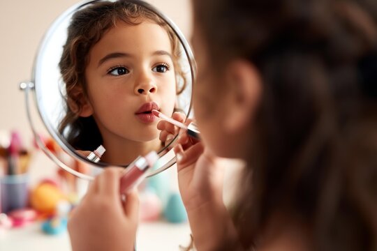 Young girl applying lipstick in a mirror, playing with makeup