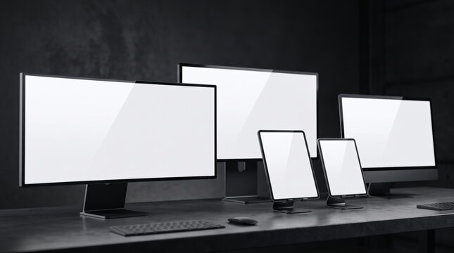 Minimalist multi-device mockup set on dark desk, blank white screen computer monitors and tablets, responsive web design presentation in moody office