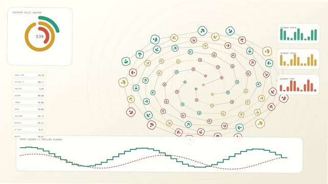 Complex sentiment analysis digital dashboard visualization displayed as a rotating spiraling nodal network with changing circular ring patterns on a soft cream light minimalist screen interface