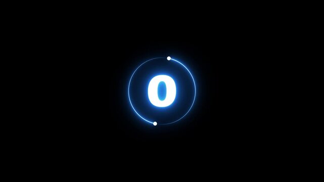 Glowing neon countdown text from 5 to 0 animation isolated on black Background.