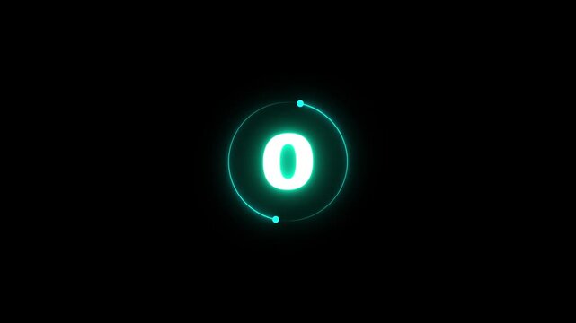 Glowing neon countdown text from 5 to 0 animation isolated on black Background.