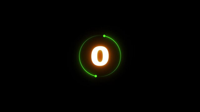 Glowing neon countdown text from 5 to 0 animation isolated on black Background.