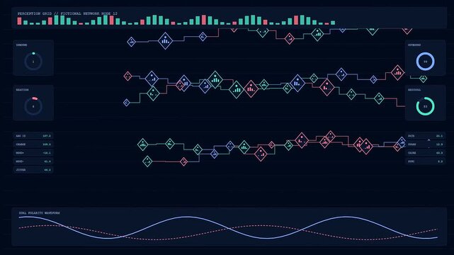 a sentiment analysis interface displays dynamic numerical data streams moving across three dark monitors showing evolving statistical trends and digital network patterns in motion continuously