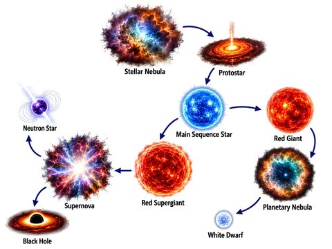 Life Cycle of a Star 3D Scientific Educational Infographic on White Background