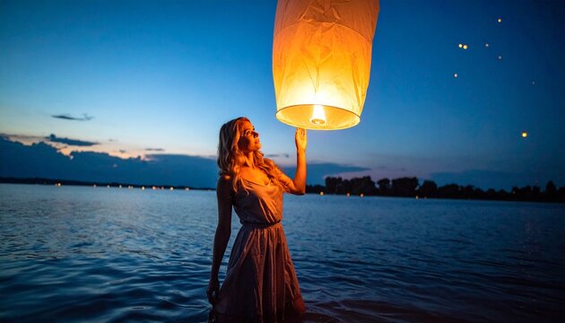 Woman holding a floating lantern on island vacation. Sky lantern release at night by water.